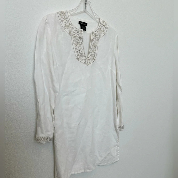 WilliSmith 100% Linen White Embroidered Tunic Top/Swimsuit coverup Size M - Picture 2 of 12